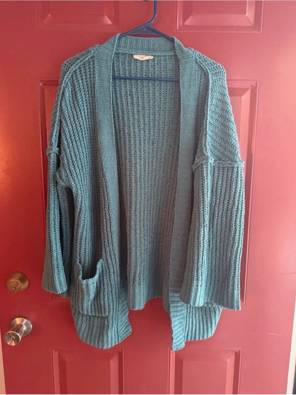 Open-Front Chunky Knit Cardigan Sweater in Teal Blue